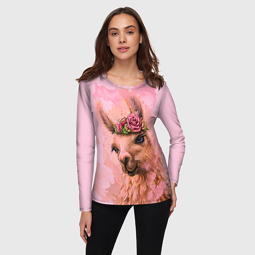 Женский лонгслив Лама с цветами / 3D-принт – фото 3