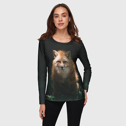 Женский лонгслив Хитрый лис на черном фоне / 3D-принт – фото 3