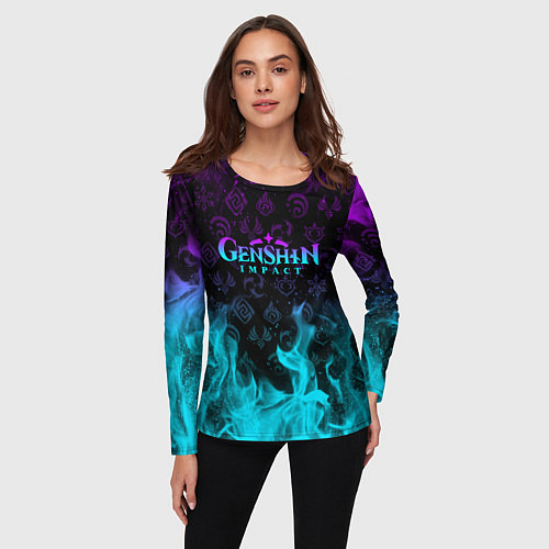 Женский лонгслив GENSHIN IMPACT НЕОНОВЫЙ ОГОНЬ / 3D-принт – фото 3