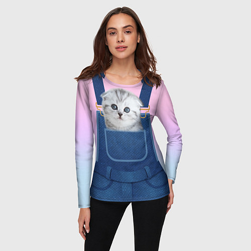 Женский лонгслив ВИСЛОУХИЙ КОТЕНОК В КАРМАШКЕ / 3D-принт – фото 3