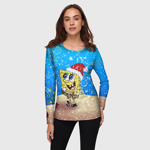 Женский лонгслив НОВОГОДНИЙ ГУБКА БОБ КВАДРАТНЫЕ ШТАНЫ / 3D-принт – фото 3