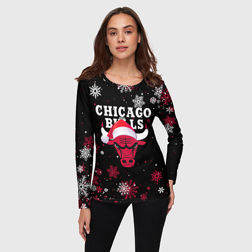 Женский лонгслив НОВОГОДНИЙ CHICAGO BULLS 2022 СНЕЖИНКИ / 3D-принт – фото 3