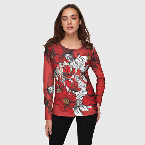 Женский лонгслив Цветы на алом фоне / 3D-принт – фото 3