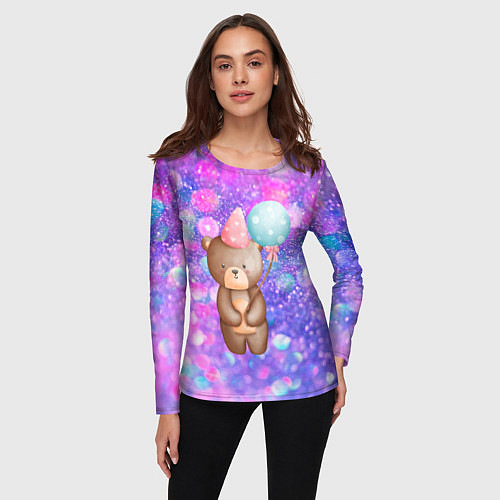 Женский лонгслив День Рождения - Медвежонок с шариками / 3D-принт – фото 3