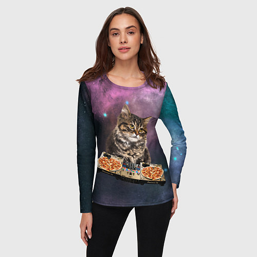 Женский лонгслив Космический котёнок диджей Space DJ Cat / 3D-принт – фото 3