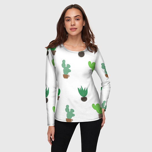 Женский лонгслив Кактусы в горшках, паттерн / 3D-принт – фото 3
