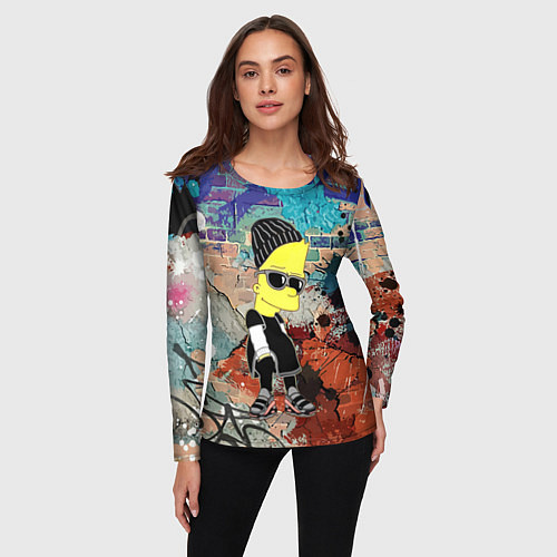 Женский лонгслив Барт Симпсон в тёмных очках на фоне граффити / 3D-принт – фото 3