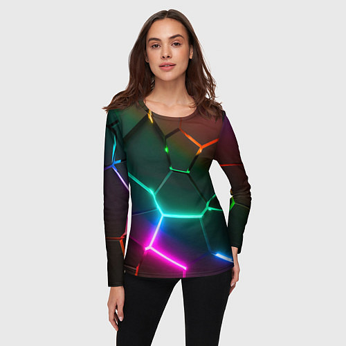 Женский лонгслив Радужный градиент неоновые геометрические плиты / 3D-принт – фото 3