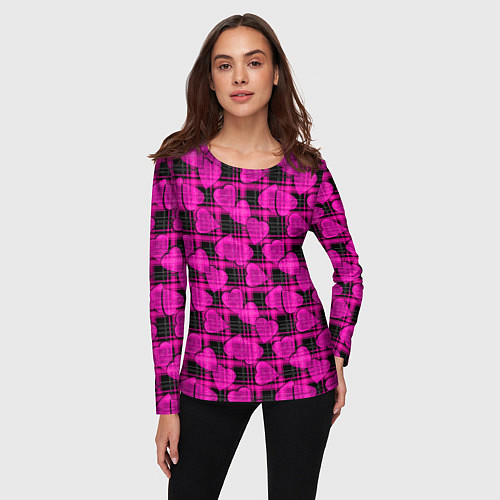 Женский лонгслив Black and pink hearts pattern on checkered / 3D-принт – фото 3