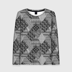 Лонгслив женский Black and White Ethnic Patchwork Pattern, цвет: 3D-принт