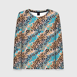 Лонгслив женский Леопардовый узор на синих, бежевых диагональных по, цвет: 3D-принт
