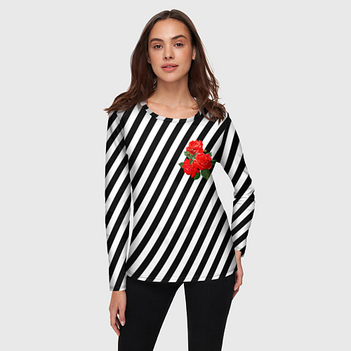 Женский лонгслив Черно-белые полоски с букетом роз / 3D-принт – фото 3