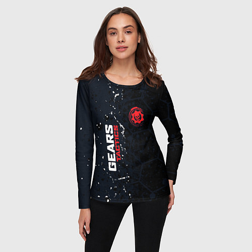 Женский лонгслив Gears of War красно-белой лого на темном фоне / 3D-принт – фото 3
