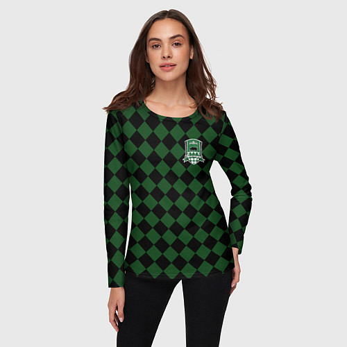 Женский лонгслив Краснодар черно-зеленая клетка / 3D-принт – фото 3
