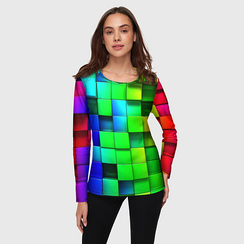 Женский лонгслив Цветные неоновые кубы / 3D-принт – фото 3