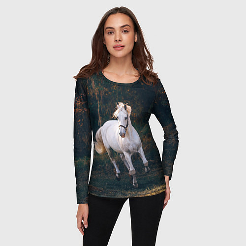 Женский лонгслив Скачущая белая лошадь / 3D-принт – фото 3