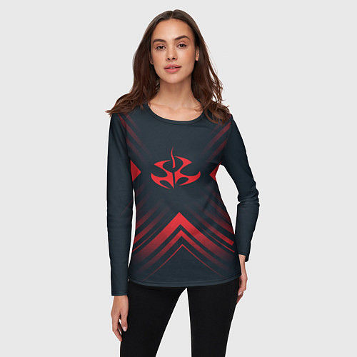 Женский лонгслив Красный символ Hitman на темном фоне со стрелками / 3D-принт – фото 3