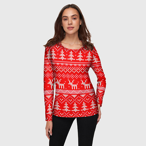 Женский лонгслив Рождественский красный свитер с оленями / 3D-принт – фото 3