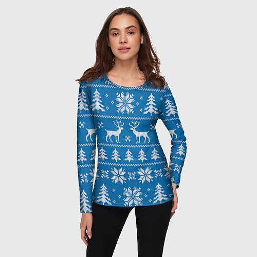 Женский лонгслив Рождественский синий свитер с оленями / 3D-принт – фото 3