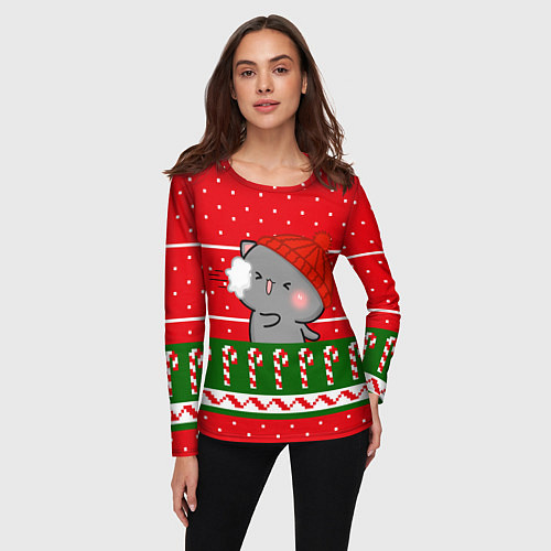 Женский лонгслив Серый котик - игра в снежки / 3D-принт – фото 3