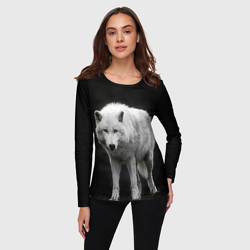 Женский лонгслив Белый волк на темном фоне / 3D-принт – фото 3