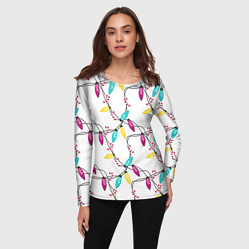 Женский лонгслив Новогодняя гирлянда белая / 3D-принт – фото 3