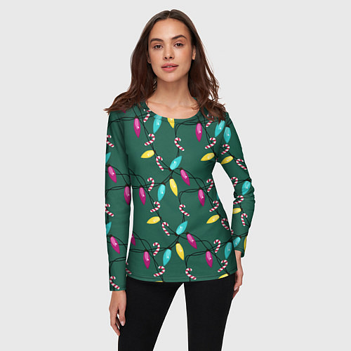 Женский лонгслив Новогодняя гирлянда зеленая / 3D-принт – фото 3