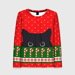 Лонгслив женский Котик: новогодний свитер, цвет: 3D-принт