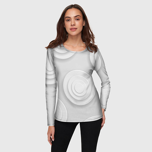 Женский лонгслив Серый фон и абстрактные белые объёмные окружности / 3D-принт – фото 3