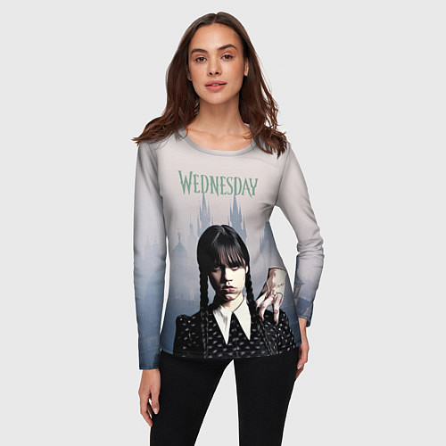 Женский лонгслив Уэнсдей Аддамс и рука на фоне замка / 3D-принт – фото 3