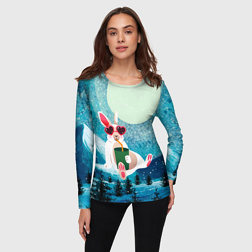 Женский лонгслив Кролик в очках и с лимонадом / 3D-принт – фото 3