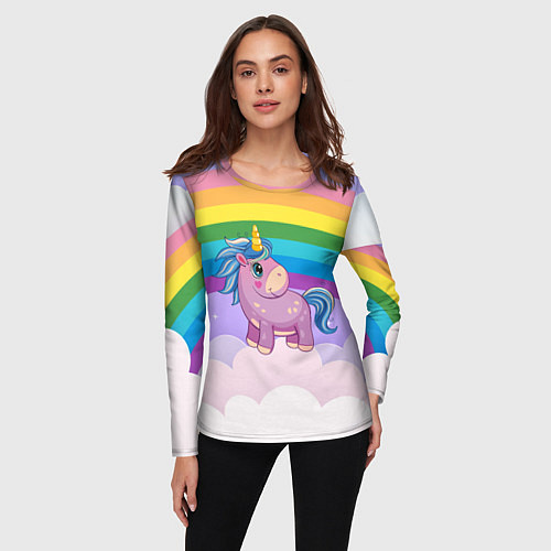 Женский лонгслив Единорог на фоне радуги / 3D-принт – фото 3