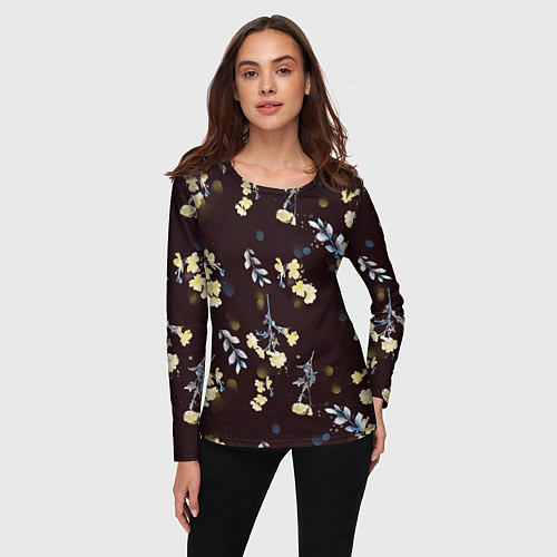 Женский лонгслив Акварельный паттерн на темном фоне / 3D-принт – фото 3
