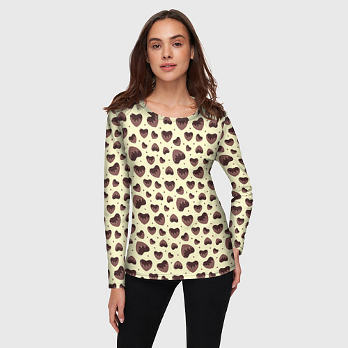 Женский лонгслив Узор из шоколадных сердец на желтом фоне / 3D-принт – фото 3