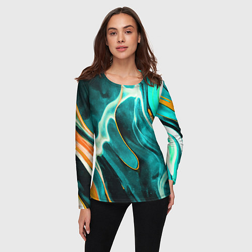 Женский лонгслив Жидкая краска - голубые разводы / 3D-принт – фото 3