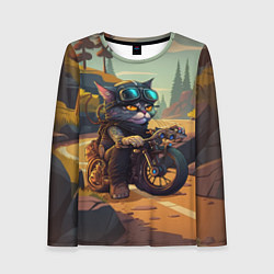 Лонгслив женский Кот на мотоцикле - байкер, цвет: 3D-принт