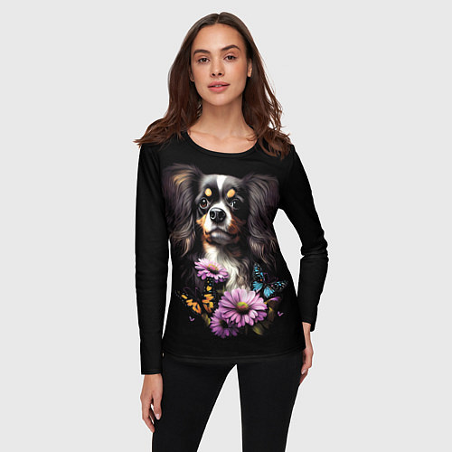 Женский лонгслив Кавалер Кинг Чарльз спаниель - черный / 3D-принт – фото 3