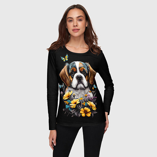 Женский лонгслив Бернский зенненхунд - щенок с цветами / 3D-принт – фото 3