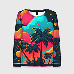 Лонгслив женский Неоновые пальмы на закате, цвет: 3D-принт