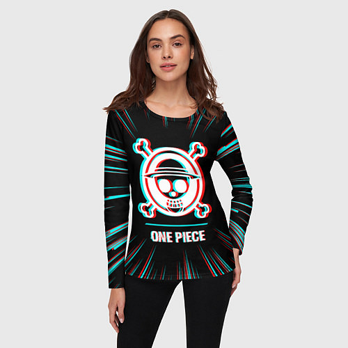 Женский лонгслив Символ One Piece в стиле glitch на темном фоне / 3D-принт – фото 3