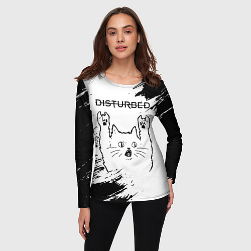 Женский лонгслив Disturbed рок кот на светлом фоне / 3D-принт – фото 3