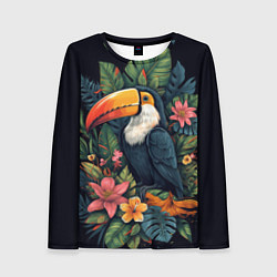 Лонгслив женский Тукан на фоне тропических листьев: арт нейросети, цвет: 3D-принт