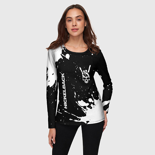 Женский лонгслив Nickelback и рок символ на темном фоне / 3D-принт – фото 3