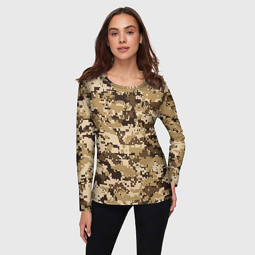 Женский лонгслив Коричнево-желтый камуфляжный фон / 3D-принт – фото 3