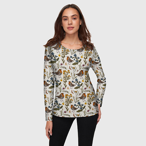 Женский лонгслив Птицы малиновки и зверобой / 3D-принт – фото 3
