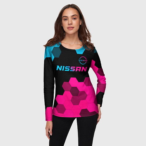 Женский лонгслив Nissan - neon gradient: символ сверху / 3D-принт – фото 3