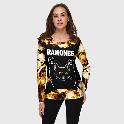 Женский лонгслив Ramones рок кот и огонь / 3D-принт – фото 3