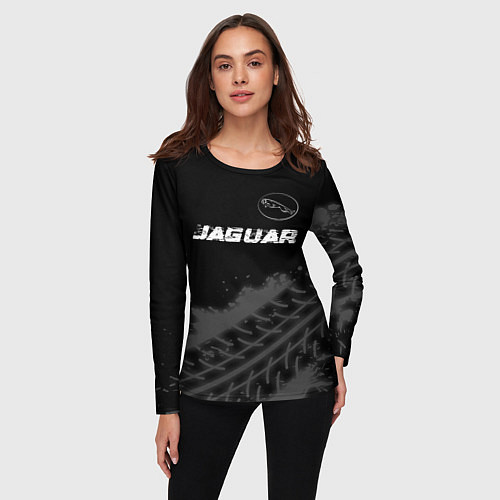 Женский лонгслив Jaguar speed на темном фоне со следами шин: символ / 3D-принт – фото 3