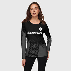 Лонгслив женский Suzuki speed на темном фоне со следами шин: символ, цвет: 3D-принт — фото 2