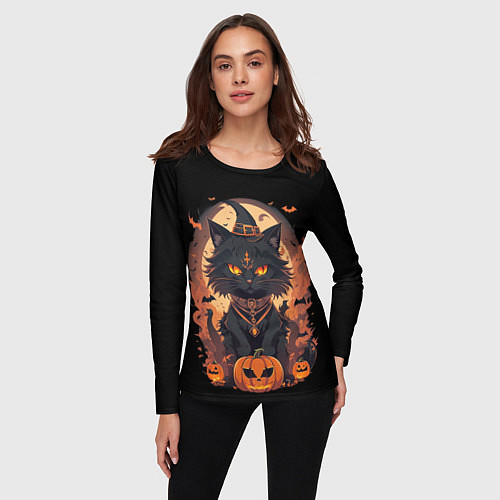Женский лонгслив Черный кот в хеллоуине / 3D-принт – фото 3